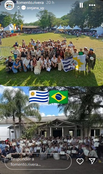 Artisans from Uruguay and southern Brazil holding the binational flag during the gathering